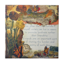 Vänskap Flowers Butterflulies Mixed Media Collage Kakelplatta