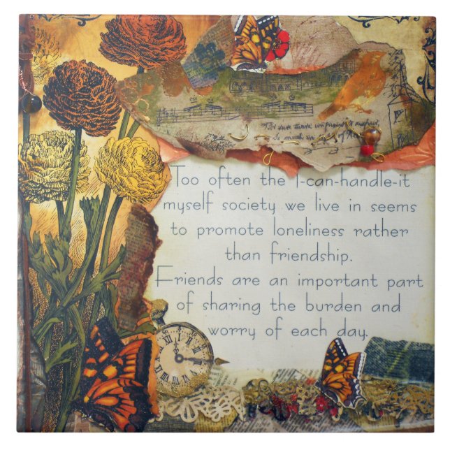 Vänskap Flowers Butterflulies Mixed Media Collage Kakelplatta (Framsidan)