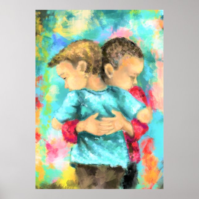Vänskap - Kids Huggning - Peace Kärlek - Målning Poster (Framsidan)