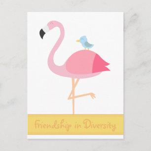 Vänskapsteckning: Rosa flamingo med blå fågel Vykort