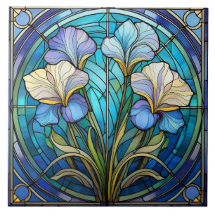 Vänster blomster Iris Art Nouveau Blå Grön Retro Kakelplatta