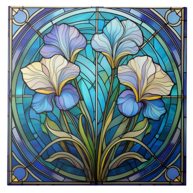 Vänster blomster Iris Art Nouveau Blå Grön Retro Kakelplatta (Framsidan)