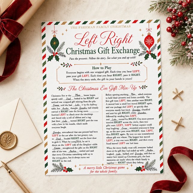 Vänster Höger Julklappsutbyte Familjespel (Personalized Left Right Christmas gift exchange game with a festive family story and easy pass-the-p)