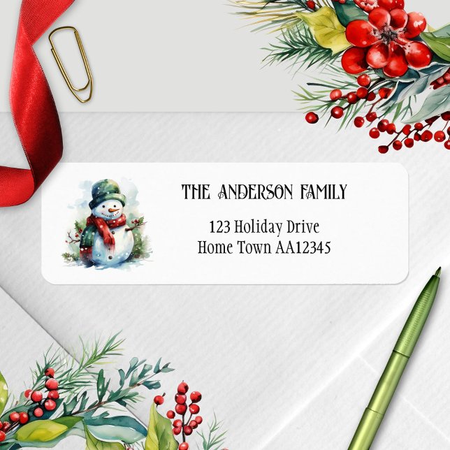 Vänsteradressetikett för Watercolor Snögubbe Returadress Etikett (Christmas return address label featuring a minimalist design with a watercolor snowman)