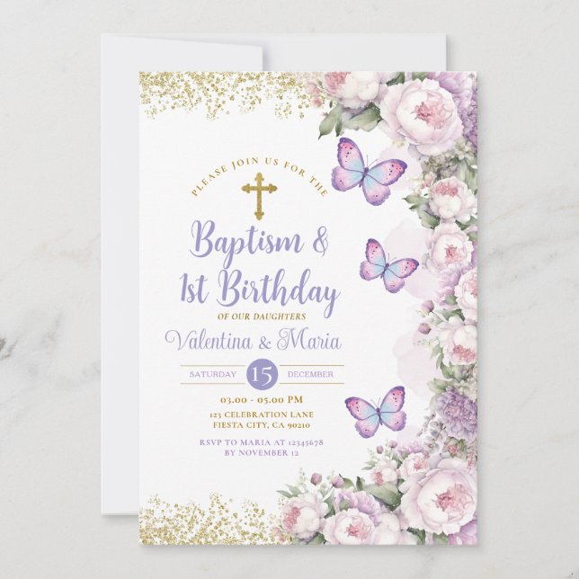 Vänsterbaptism och första födelsedag Lila Blommigt Inbjudningar (Framsida)