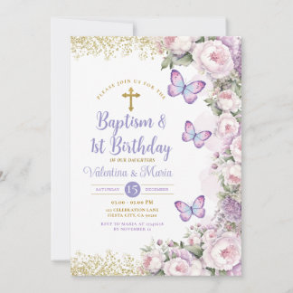 Vänsterbaptism och första födelsedag Lila Blommigt Inbjudningar