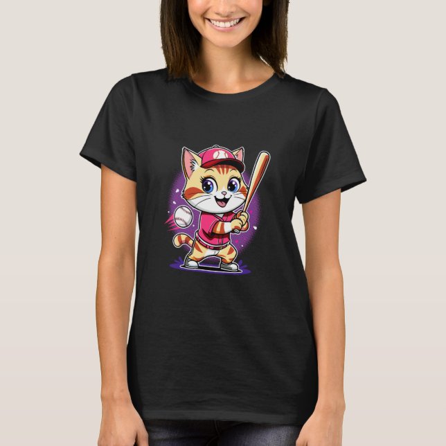 Vänsterhänt Slugger Katt T-shirts Söt Softboll Bas (Framsida)