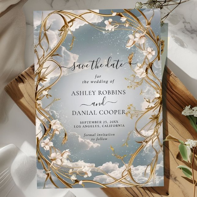 Väntande blommigtar i Art nouveau Guld sparar datu Inbjudningar (Skapare uppladdad)