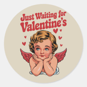 Väntar bara på Alla hjärtans dags Retro Baby Cupid Runt Klistermärke