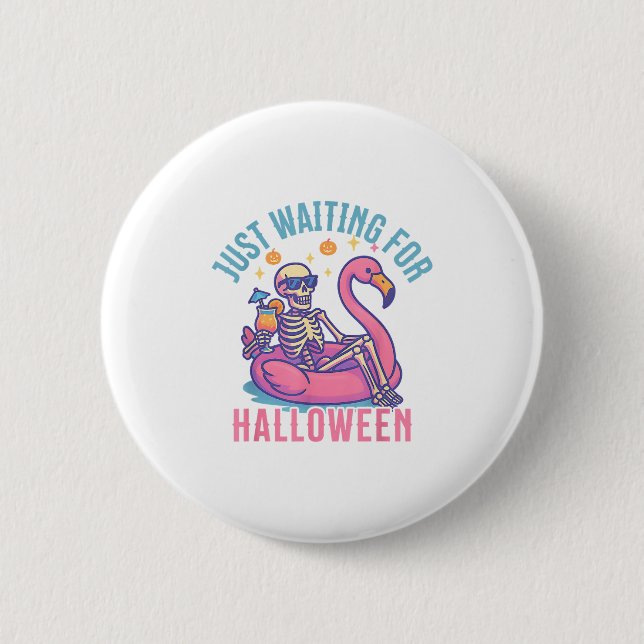Väntar bara på Halloween Skeleton Flamingo Beach Knapp (Framsida)