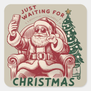 Väntar bara på julen Tomte Retro Roligt Fyrkantigt Klistermärke