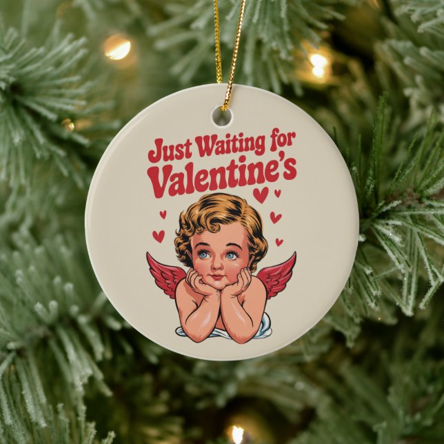 Väntar bara på Valentines Retro Baby Cupid Kärlek Julgransprydnad Keramik (Träd)