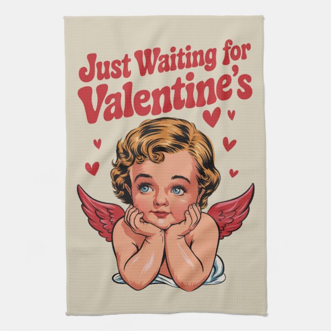 Väntar bara på Valentines Retro Baby Cupid Kärlek Kökshandduk (Vertikal)