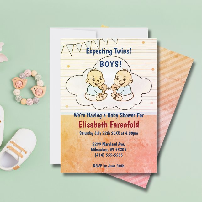 Väntar på att två pojkar ska få tillbaka en babyst inbjudningar (Expecting Twin Boys Cloud Baby Shower Retro Invitation)