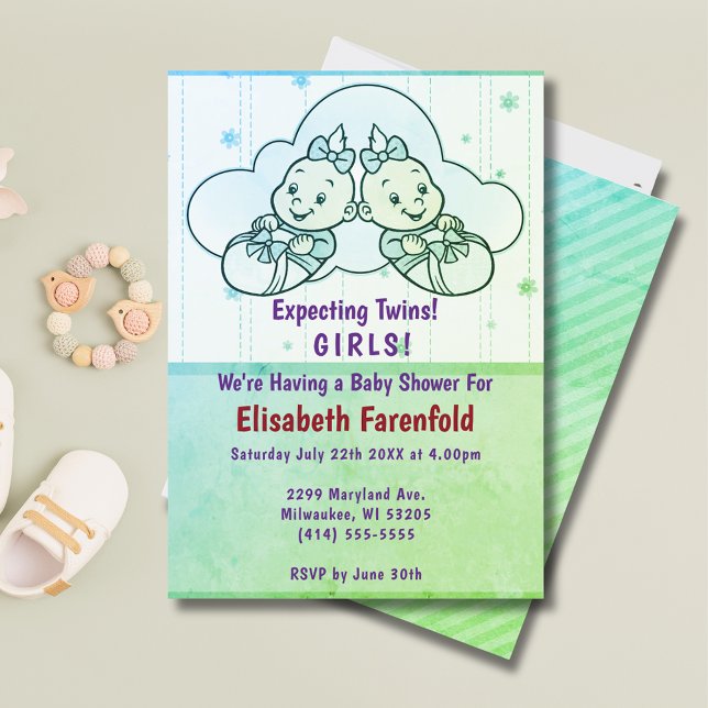 Väntar på att Twin Girls Cloud Baby Shower ska vis Inbjudningar (Expecting Twin Girls Cloud Baby Shower in Green Invitation)