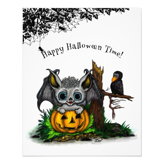 Väntar på Halloween, Cute Fladdermus och Raven Fototryck (Framsidan)