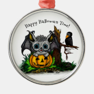 Väntar på Halloween, Cute Fladdermus och Raven Julgransprydnad Metall