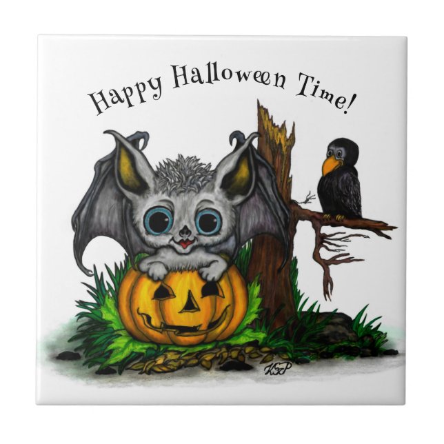 Väntar på Halloween, Cute Fladdermus och Raven Kakelplatta (Framsidan)