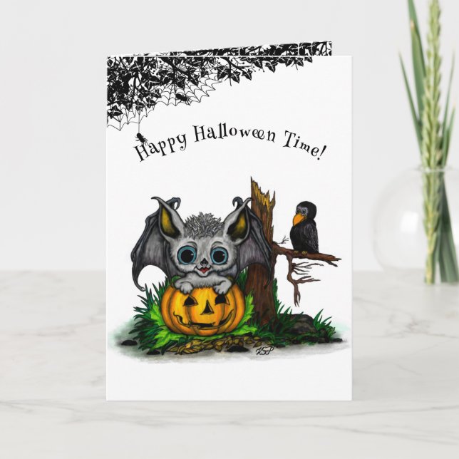 Väntar på Halloween, söt fladdermus och korp Kort (Framsida)