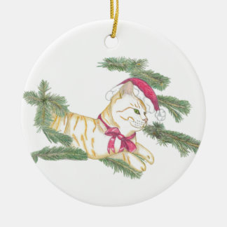 Väntar på tomte kattunge julgransprydnad keramik