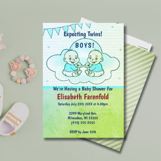 Väntar på tvillingpojkar i Cloud Grönt Baby Shower Inbjudningar