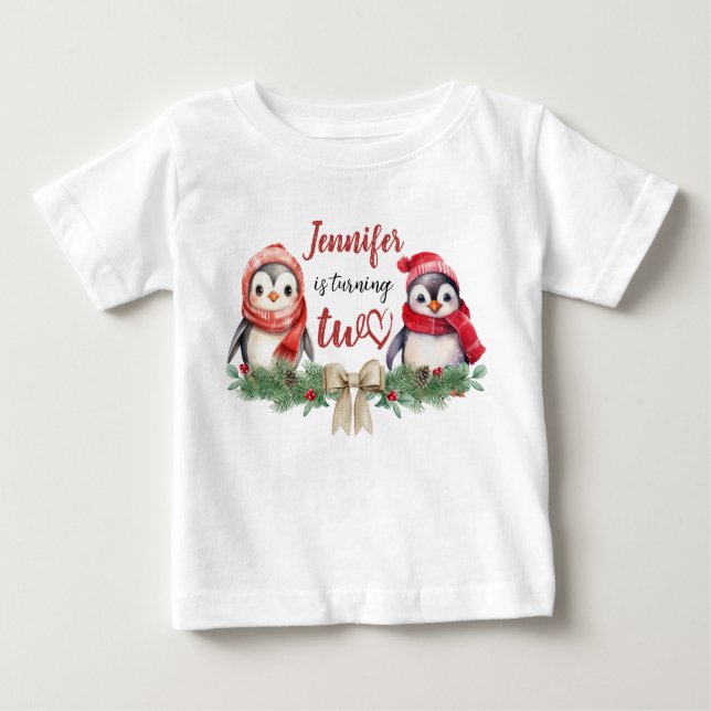 Väntar två gånger | Penguin jul 2:a födelsedagen T Shirt (Framsida)