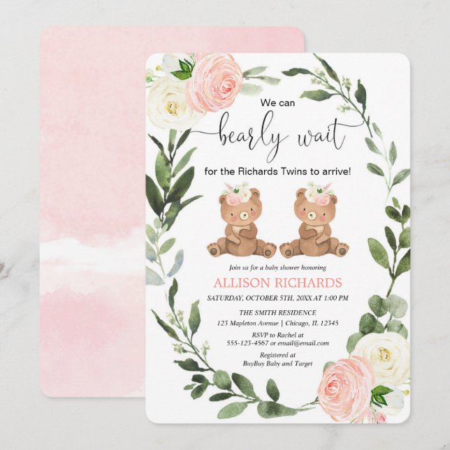 Väntflickors söta nalle rosa blommigt babydusch inbjudningar (Fram/baksida)