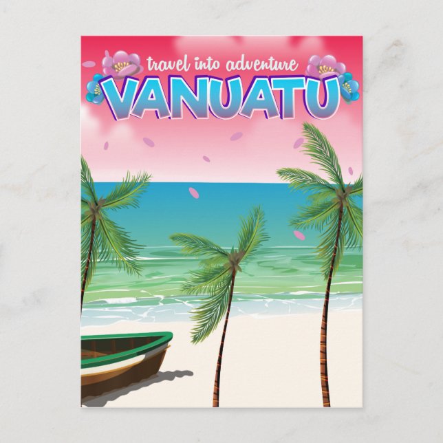 Vanuatu "resa in i äventyret" resaffisch. vykort (Framsida)
