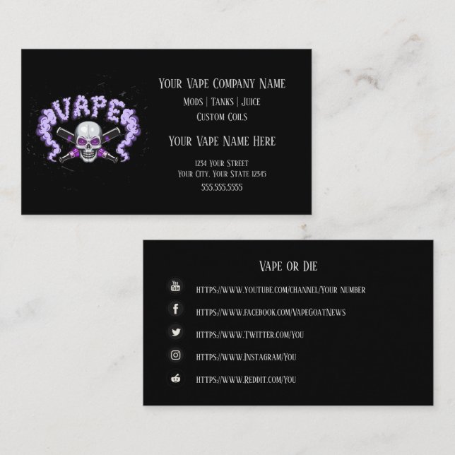 VAPE | Vape Skull Lila Business Social Media Visitkort (Fram/baksida)