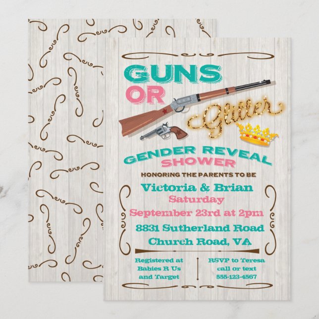 Vapen eller Glitter Gender Reveal Baby Shower Inbjudningar (Fram/baksida)