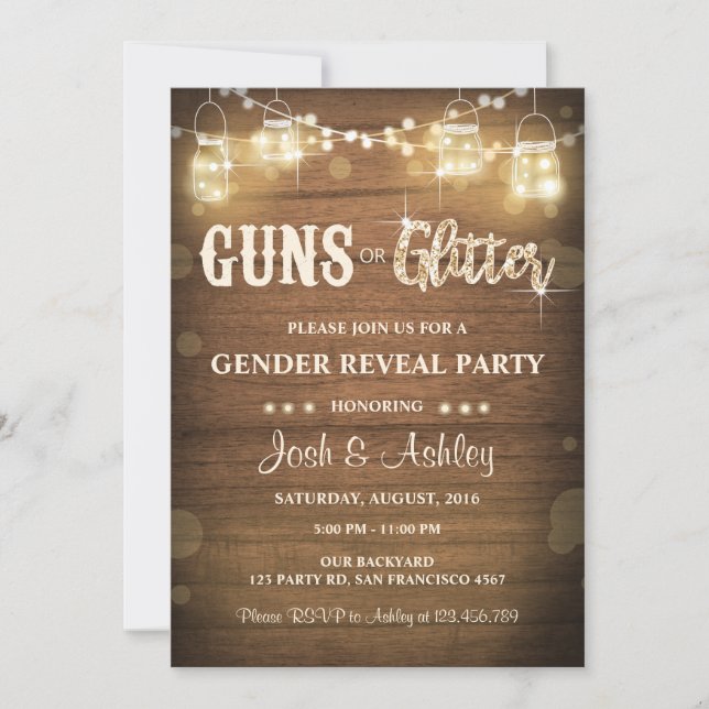 Vapen eller Glitter Gender Reveal Rustic Inbjudningar (Framsida)