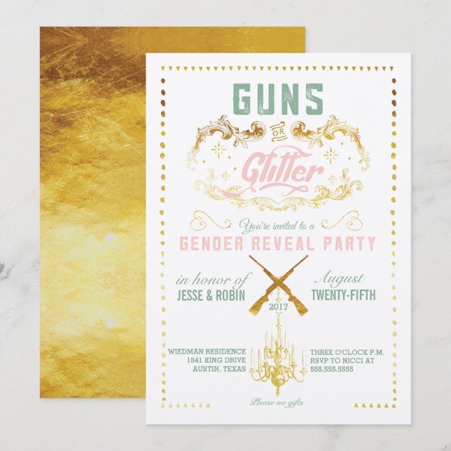 Vapen eller inbjudan till Glitter Gender Reveal Pa (Fram/baksida)