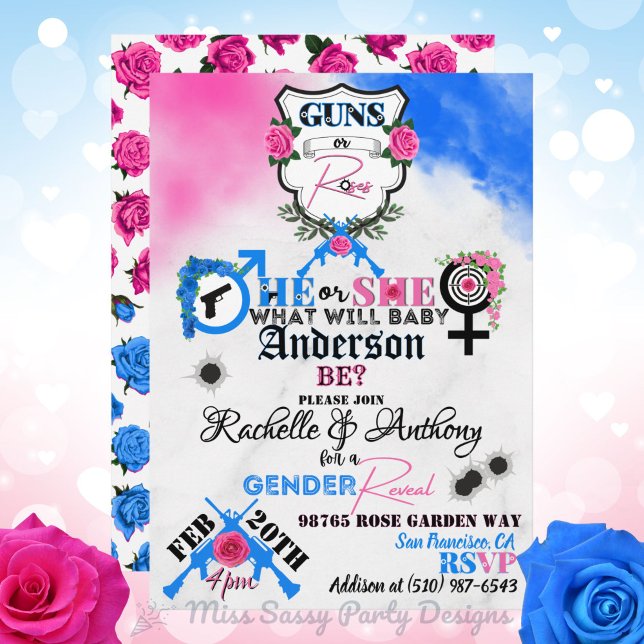 Vapen eller Ro Rosa & Blue Gender Reveal Inbjudningar (Locked & Loaded for Baby! 💥Guns or Roses Pink & Blue Gender Reveal Invite for military & gun lovers)