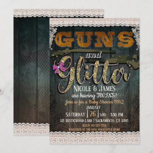 VAPEN OCH GLITTER Trä Spets Rustik Bebis Babyfest Inbjudningar