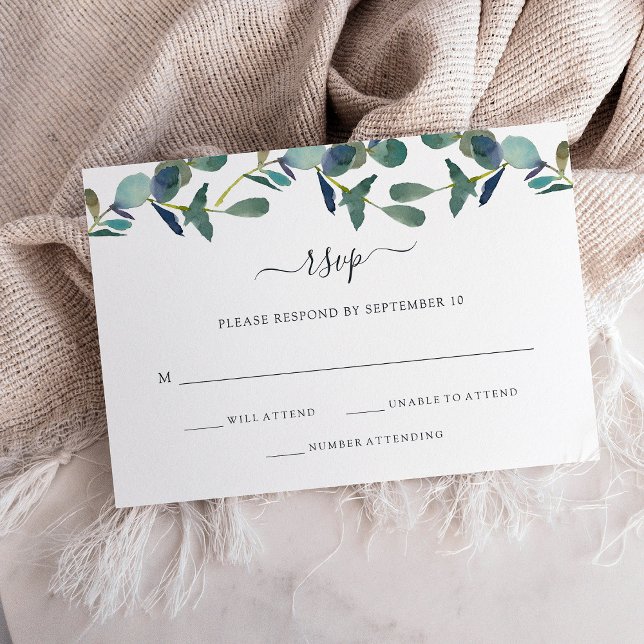 Vapensköld av eukalyptus | TRENDIG BRÖLLOP OSA Kort (An elegant wedding rsvp card decorated with watercolor eucalyptus leaves)