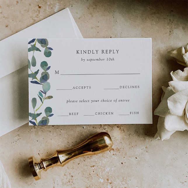 Vapensköld av eukalyptus | Val av vattenfärg Bröll OSA Kort (An elegant wedding rsvp card decorated with watercolor eucalyptus leaves)