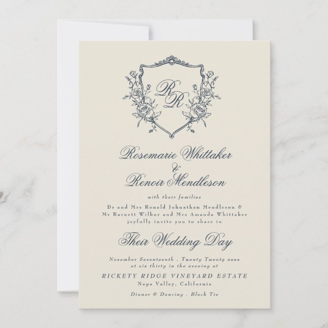 Vapensköld av formell Vintage Cream & marinmonogra Inbjudningar (Framsida)