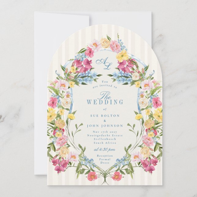 Vapensköld av fransk Blue Colorful Blommigt Monogr Inbjudningar (Framsida)