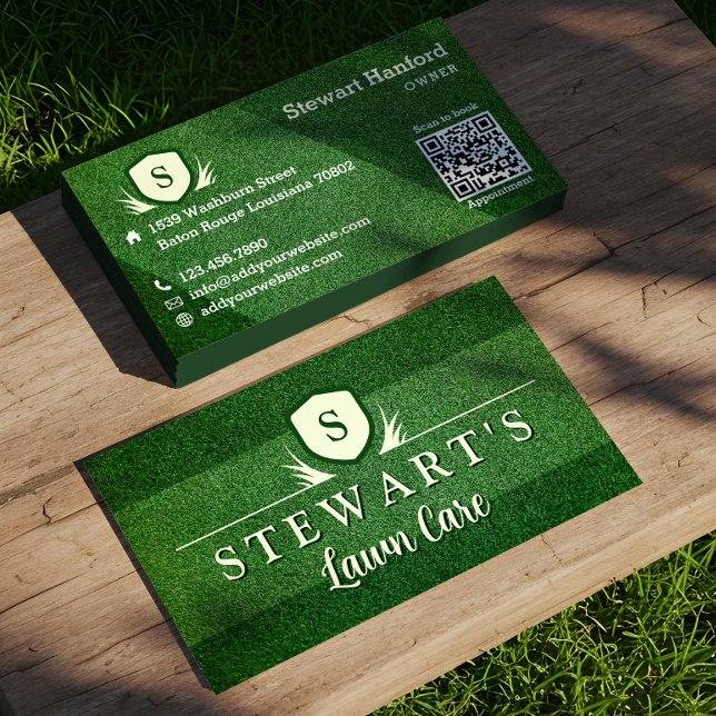 Vapensköld av grönt Gass Gräsmatta & landning i mo Visitkort (Green Grass Lawn & Landscaping Monogram Crest Business Card)