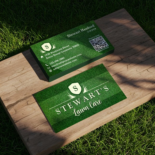 Vapensköld av grönt Gass Gräsmatta & landning i mo Visitkort (Green Grass Lawn & Landscaping Monogram Crest Business Card)