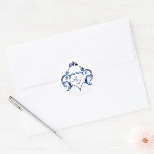 Vapensköld Blue och white Delft Monogrammed bröllo Runt Klistermärke