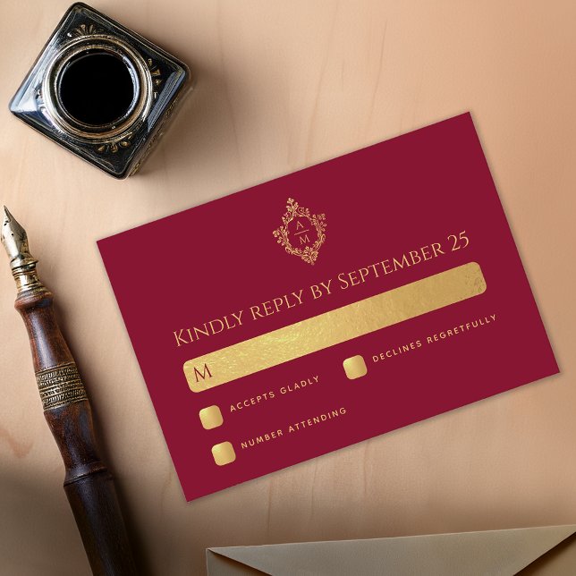 Vapensköld Burgundy Faux Guld Elegant bröllop Mono OSA Kort (Skapare uppladdad)