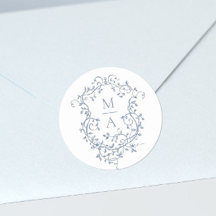 Vapensköld för Blommigt av blå Elegant, monogram Runt Klistermärke
