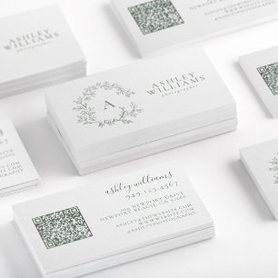 Vapensköld för Blommigt av Sage Grönt Monogram QR Visitkort