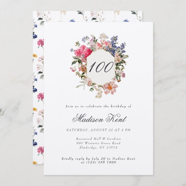 Vapensköld för målad Blommigt 100:e Födelsedagsfes Inbjudningar (Fram/baksida)