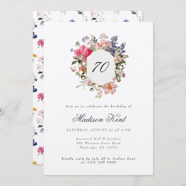Vapensköld för målad Blommigt 70:e Födelsedagsfest Inbjudningar (Fram/baksida)
