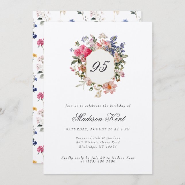 Vapensköld för målad Blommigt 95:e Födelsedagsfest Inbjudningar (Fram/baksida)