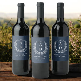 Vapensköld för marin blå monogram Bröllop-Blommigt Vinflaska Etikett