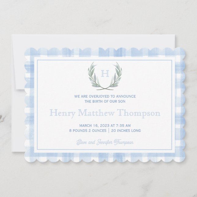 Vapensköld för Scalloped Blue Gingham Laurel Meddelande (Framsida)