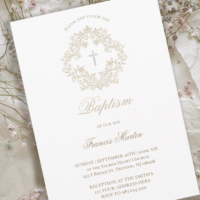 vapensköld för sepiabönsbeige elegant | Baptism Inbjudningar (Skapare uppladdad)